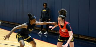 Caitlin Clark (Right) and Erica Wheeler (Left) during the 2024 Indiana Fever training camp at the practice gym inside Gainbridge Fieldhouse on April 28, 2024. Photo credits to Indiana Fever