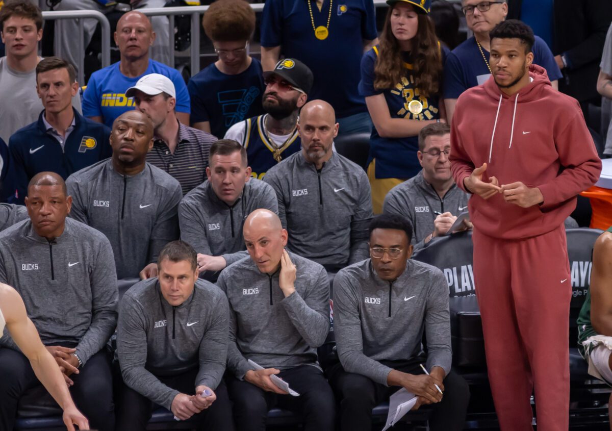 Game 4 of the first round in the Eastern Conference of the 2024 NBA Playoffs between the Milwaukee Bucks and the Indiana Pacers on April 28, 2024 at Gainbridge Fieldhouse in downtown Indianapolis, Indiana. Photo taken by senior sports photographer Walt Thomas