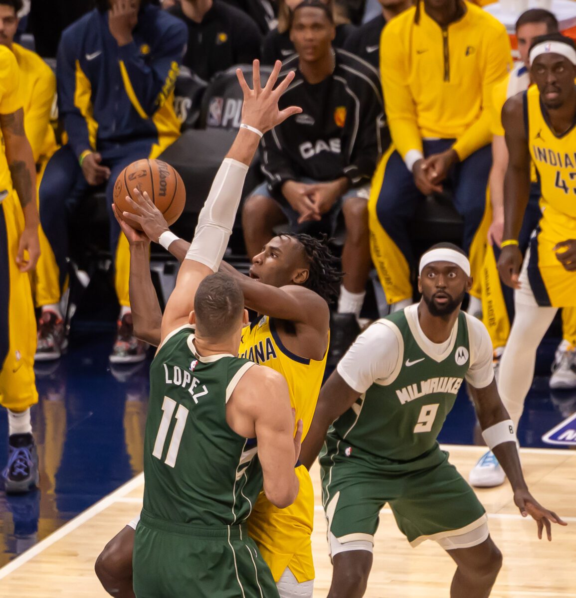 Game 3 between the Milwaukee Bucks and Indiana Pacers, first round of the 2024 NBA Playoffs, on April 26, 2024 at Gainbridge Fieldhouse in Downtown Indianapolis, Indiana. Photo was taken by Senior Sports Photographer Walt Thomas for the Indianapolis Recorder.