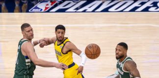 Game 3 between the Milwaukee Bucks and Indiana Pacers, first round of the 2024 NBA Playoffs, on April 26, 2024 at Gainbridge Fieldhouse in Downtown Indianapolis, Indiana. Photo was taken by Senior Sports Photographer Walt Thomas for the Indianapolis Recorder.