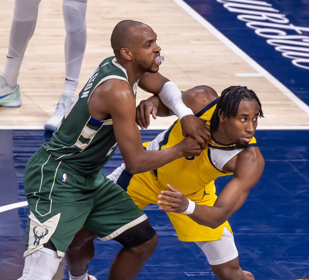 Game 3 between the Milwaukee Bucks and Indiana Pacers, first round of the 2024 NBA Playoffs, on April 26, 2024 at Gainbridge Fieldhouse in Downtown Indianapolis, Indiana. Photo was taken by Senior Sports Photographer Walt Thomas for the Indianapolis Recorder.