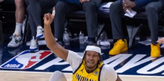Game 4 of the first round in the Eastern Conference of the 2024 NBA Playoffs between the Milwaukee Bucks and the Indiana Pacers on April 28, 2024 at Gainbridge Fieldhouse in downtown Indianapolis, Indiana. Photo taken by senior sports photographer Walt Thomas