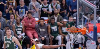 Game 4 of the first round in the Eastern Conference of the 2024 NBA Playoffs between the Milwaukee Bucks and the Indiana Pacers on April 28, 2024 at Gainbridge Fieldhouse in downtown Indianapolis, Indiana. Photo taken by senior sports photographer Walt Thomas