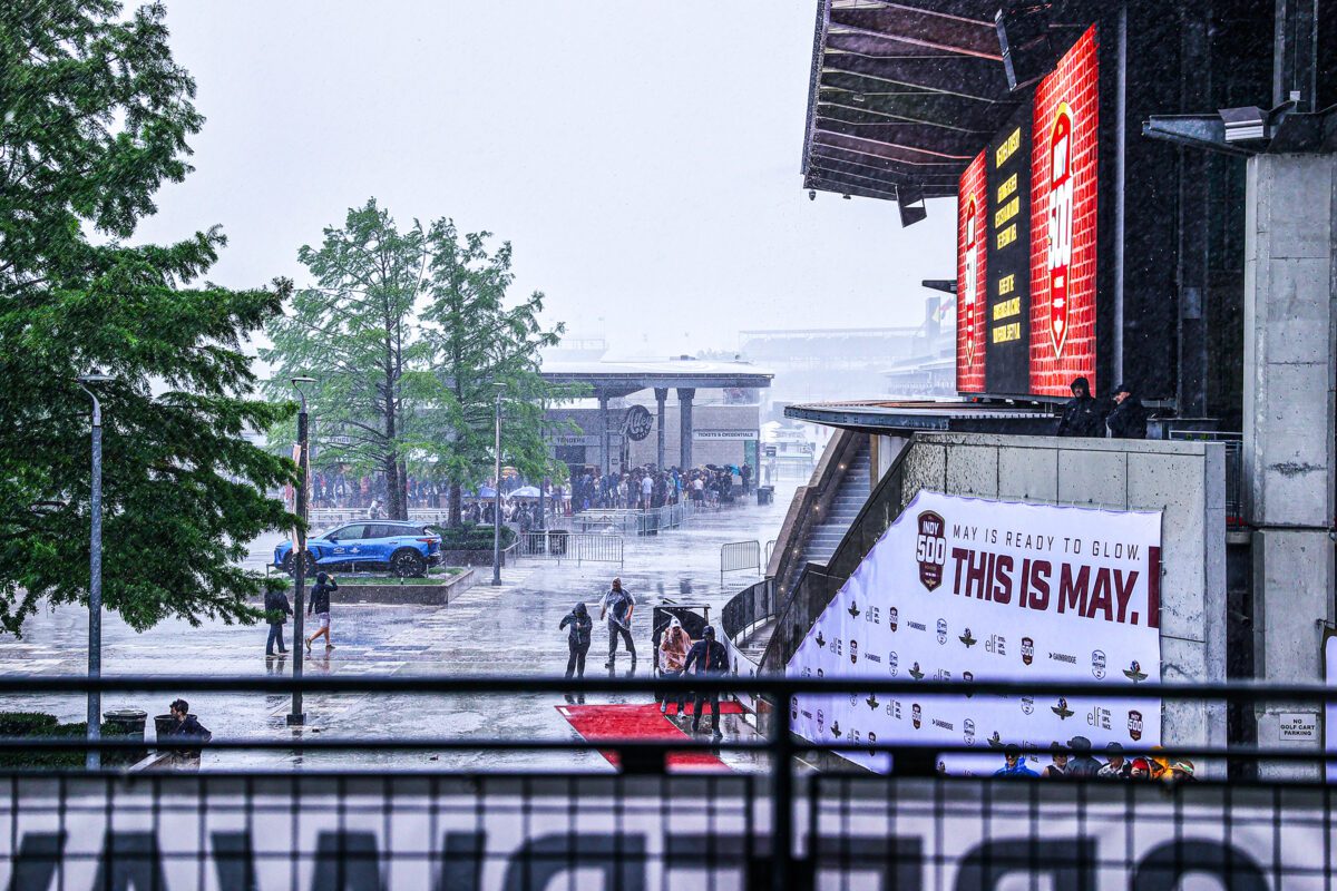 rain coming down at the Indianapolis Motor Speedway before the start of the Indianapolis 500.