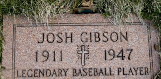 The grave stone for baseball player Josh Gibson is shown at Allegheny Cemetery in Pittsburgh on March 17, 2017. Gibson became Major League Baseball’s career batting leader with a .372 average, surpassing Ty Cobb’s .367 when records of the Negro Leagues for more than 2,300 players were incorporated Tuesday, May 28, 2024, after a three-year research project. (AP Photo/Keith Srakocic)