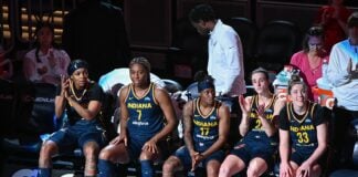 The starting five of the Indiana Fever before tip-off of the home opener against the New York Liberty on May 16, 2024 at Gainbridge Fieldhouse. (Photo/Darnell Scott)