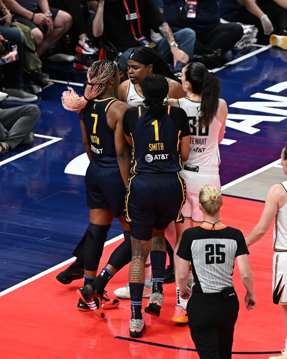 Indiana Fever forward Aliyah Boston (7) gets into verbal altercation with New York Liberty forward Jonquel Jones during the home opener at Gainbridge Fieldhouse on May 16, 2024. (Photo/Darnell Scott)