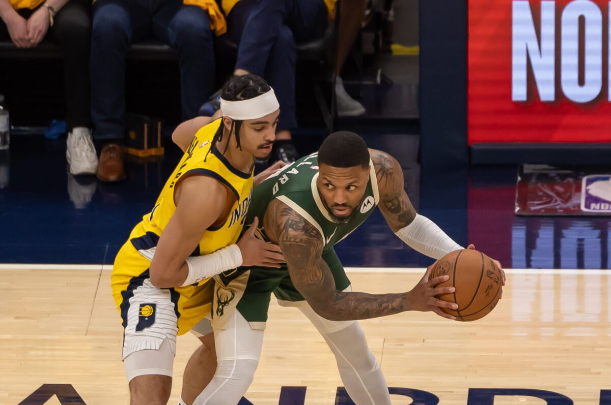 Milwaukee Bucks versus Indiana Pacers in Game 6 of the first-round of the 2024 NBA Playoffs on May 2, 2024 at Gainbridge Fieldhouse in downtown Indianapolis, Indiana. Photo taken by Walt Thomas.