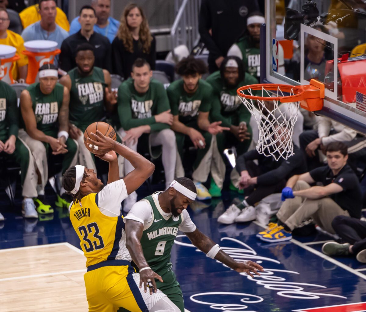 Milwaukee Bucks versus Indiana Pacers in Game 6 of the first-round of the 2024 NBA Playoffs on May 2, 2024 at Gainbridge Fieldhouse in downtown Indianapolis, Indiana. Photo taken by Walt Thomas.