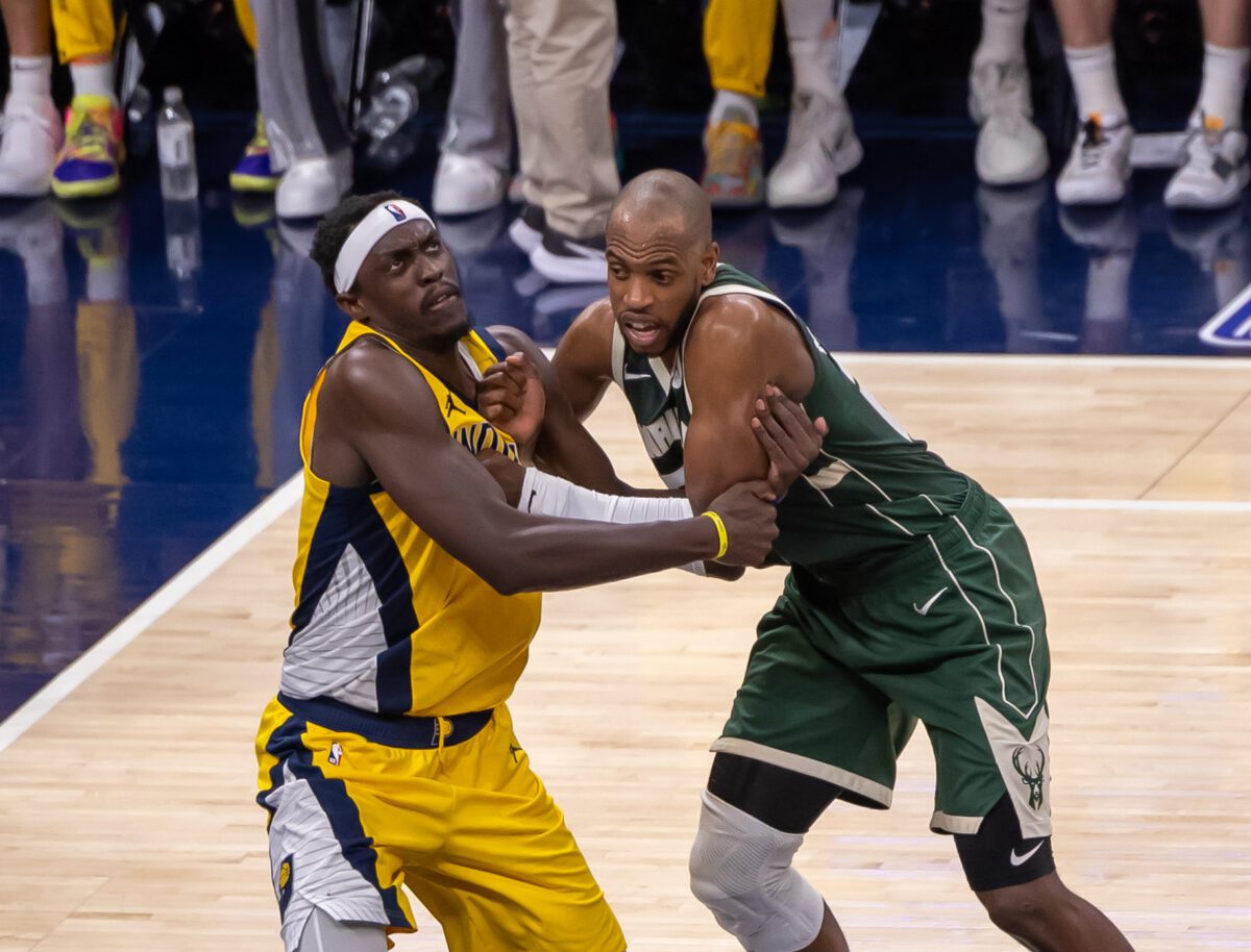 Milwaukee Bucks versus Indiana Pacers in Game 6 of the first-round of the 2024 NBA Playoffs on May 2, 2024 at Gainbridge Fieldhouse in downtown Indianapolis, Indiana. Photo taken by Walt Thomas.