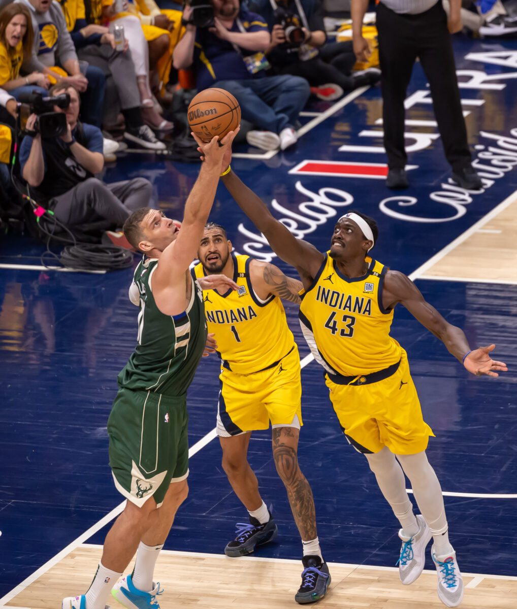 Milwaukee Bucks versus Indiana Pacers in Game 6 of the first-round of the 2024 NBA Playoffs on May 2, 2024 at Gainbridge Fieldhouse in downtown Indianapolis, Indiana. Photo taken by Walt Thomas.