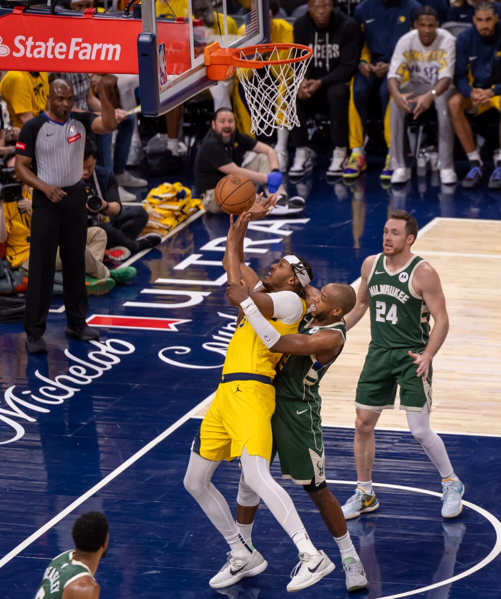 Milwaukee Bucks versus Indiana Pacers in Game 6 of the first-round of the 2024 NBA Playoffs on May 2, 2024 at Gainbridge Fieldhouse in downtown Indianapolis, Indiana. Photo taken by Walt Thomas.