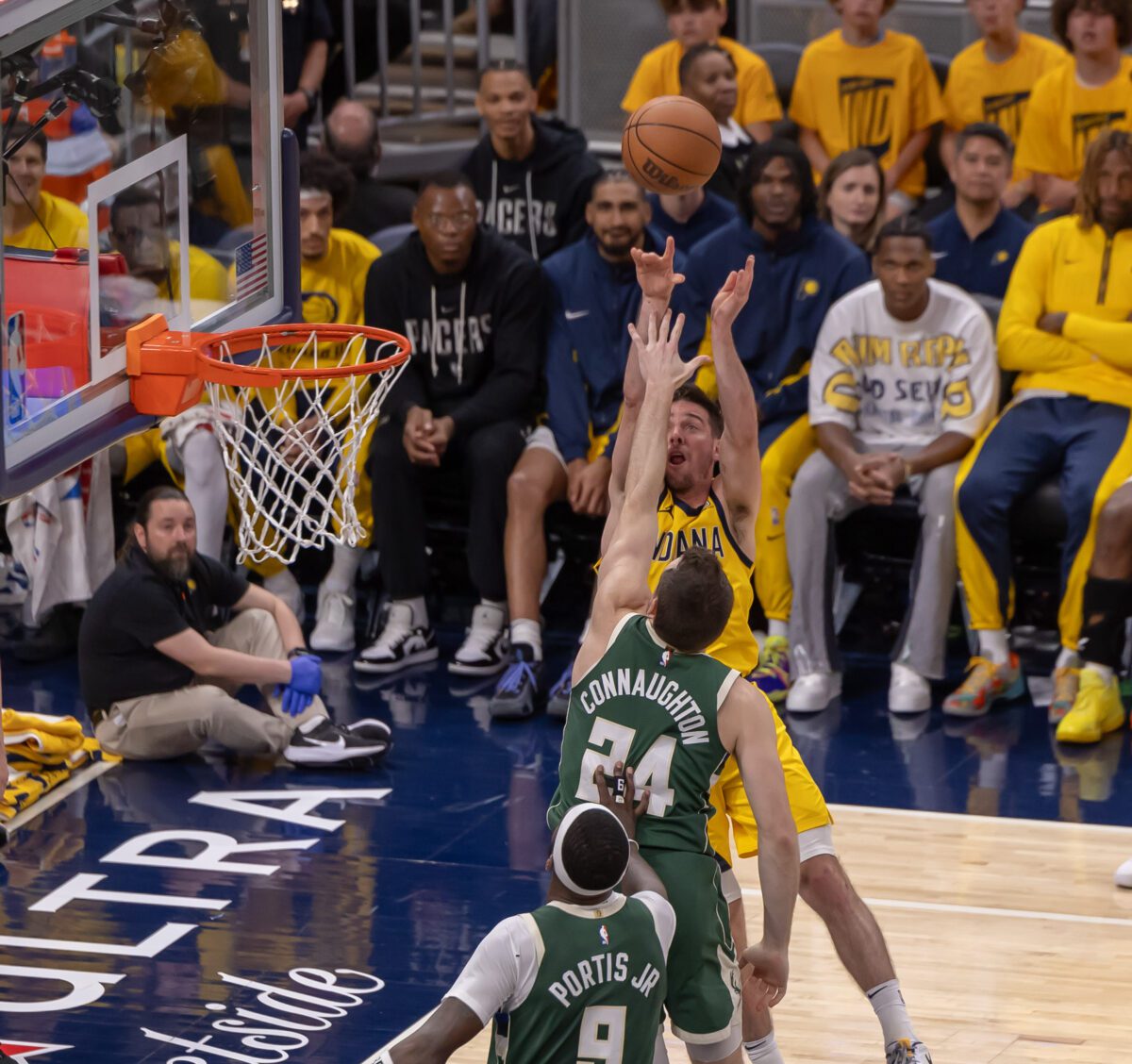 Milwaukee Bucks versus Indiana Pacers in Game 6 of the first-round of the 2024 NBA Playoffs on May 2, 2024 at Gainbridge Fieldhouse in downtown Indianapolis, Indiana. Photo taken by Walt Thomas.