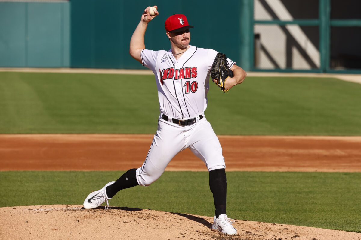 Buffalo Bisons at Indianapolis Indians on April 30, 2024 at Victory Field in downtown Indianapolis, Indiana. Photo taken by Senior sports photographer Jeff Brown. Indians pitcher Paul Skenes is pictured throwing a baseball.