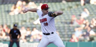 INDIANAPOLIS, IN - APRIL 30: Indianapolis Indians pitcher Paul Skenes (10) brings the heat to the plate during a Milb baseball game between the Buffalo Bisons and the Indianapolis Indians on April, 30, 2024 at Victory Field in Indianapolis, IN.(Photo by Jeff Brown/Indianapolis Reorder)