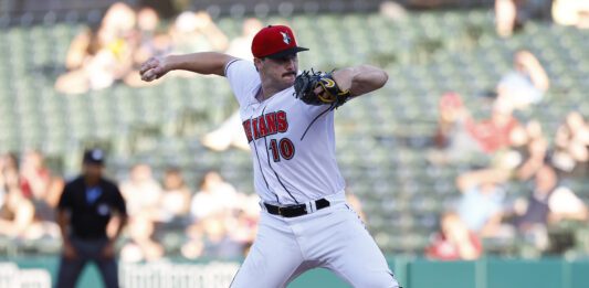 INDIANAPOLIS, IN - APRIL 30: Indianapolis Indians pitcher Paul Skenes (10) brings the heat to the plate during a Milb baseball game between the Buffalo Bisons and the Indianapolis Indians on April, 30, 2024 at Victory Field in Indianapolis, IN.(Photo by Jeff Brown/Indianapolis Reorder)