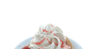 tortilla chips topped with fresh strawberry, ice cream, strawberry syrup and whipped cream