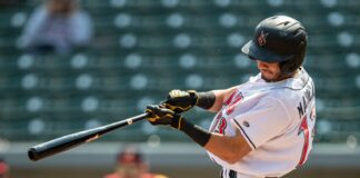 MLB/MiLB players swinging a bat.
