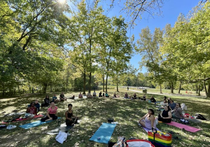 The Queer + Trans Community Yoga group meets from 10 a.m. to noon every Sunday at the 100 Acres Virginia Fairbanks Park. (Photo/Sarah Hutchison)