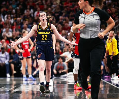 WNBA player arguing with referee.