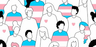 Getty image graphic of people of all genders, shapes and sizes, some with the trans flag and others with a pink heart on their clothing.