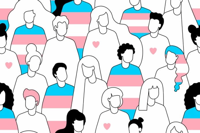 Getty image graphic of people of all genders, shapes and sizes, some with the trans flag and others with a pink heart on their clothing.
