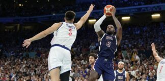 Team USA basketball player shoots shot.