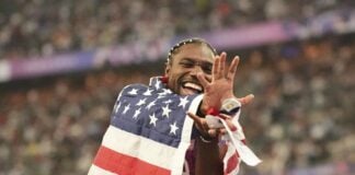 Noah Lyles poses during 2024 Summer Olympics