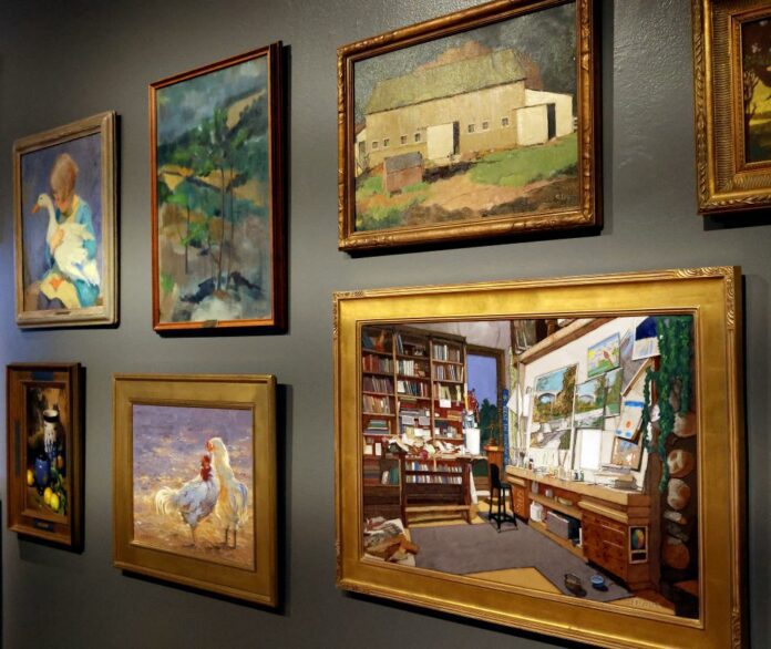 Stories gold frame paintings_Chloe Fellwock 1 The 100th annual Hoosier Art Salon, also known as Indiana’s preeminent juried art exhibition highlighting Indiana artists, will feature more than 140 works of art during its run Aug. 24-Oct. 20 at the Indiana State Museum. (Photo/Chloe Fellwock)