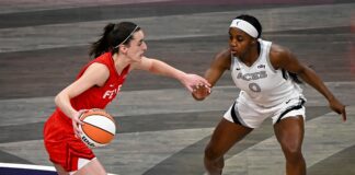 Caitlin Clark and Jackie Young during a basketball game.