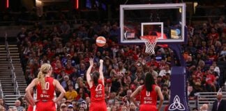 Caitlin Clark shooting a three-pointer during a WNBA game.