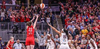 Caitlin Clark shooting a three-pointer during a WNBA game.