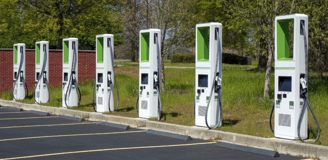 Electric charging station for electric vehicles in a mall parking lot.