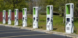 Electric charging station for electric vehicles in a mall parking lot.