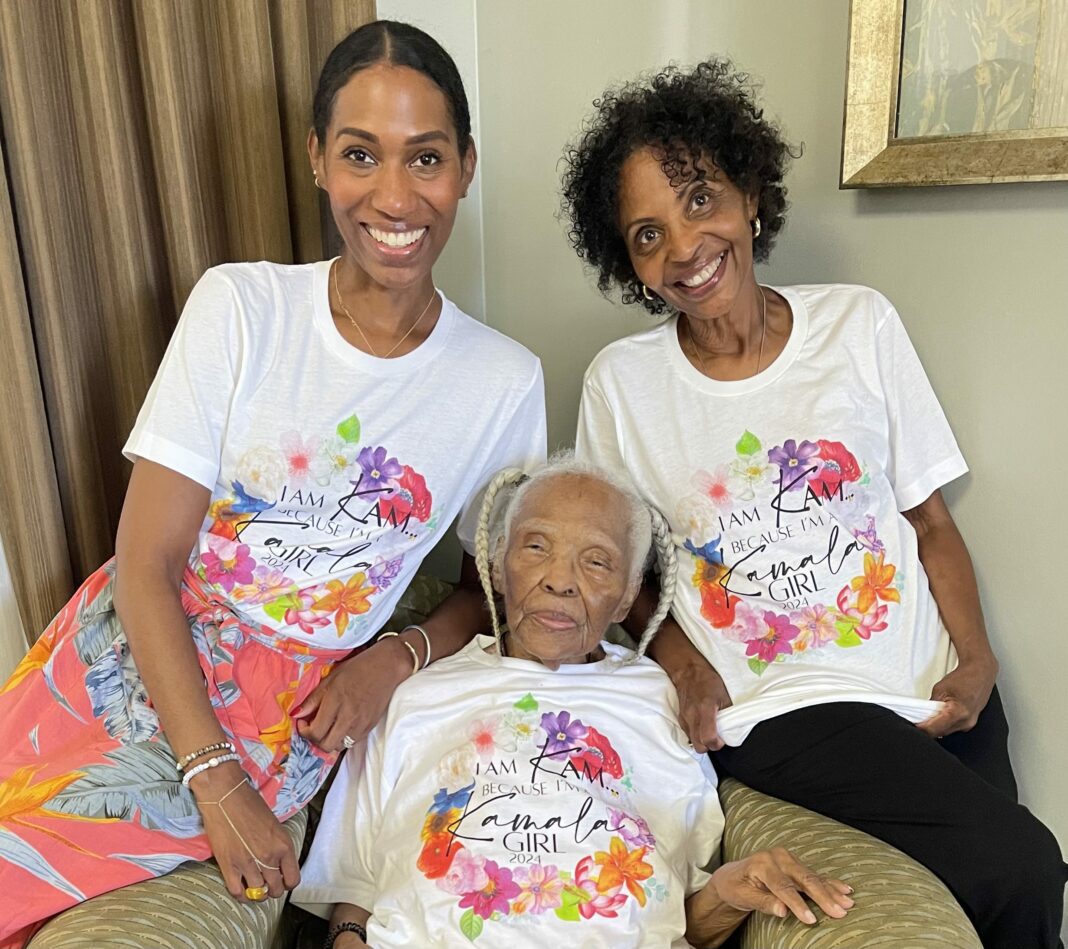 three generations of Black Hoosier women wearing shirts in support of Harris