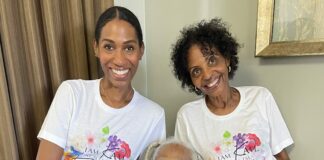 three generations of Black Hoosier women wearing shirts in support of Harris