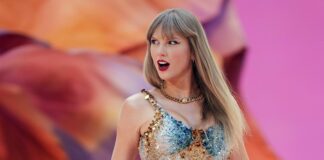 A photo of Taylor Swift during a concert performance.