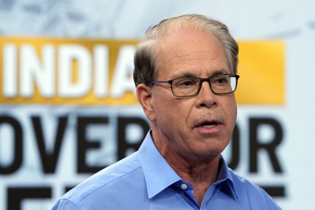 FILE - Republican gubernatorial candidate Sen. Mike Braun, R-Ind., speaks during a debate at WISH-TV, Oct. 3, 2024, in Indianapolis. (AP Photo/Darron Cummings, File)