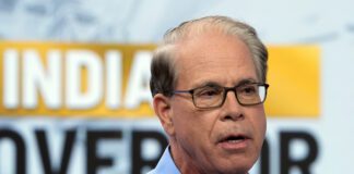 FILE - Republican gubernatorial candidate Sen. Mike Braun, R-Ind., speaks during a debate at WISH-TV, Oct. 3, 2024, in Indianapolis. (AP Photo/Darron Cummings, File)