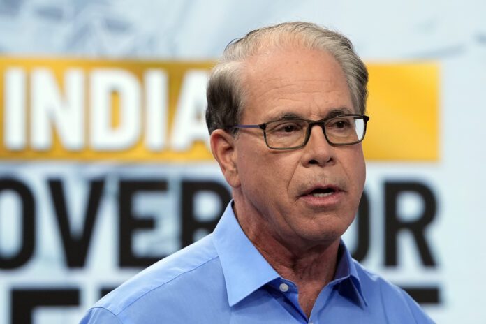 FILE - Republican gubernatorial candidate Sen. Mike Braun, R-Ind., speaks during a debate at WISH-TV, Oct. 3, 2024, in Indianapolis. (AP Photo/Darron Cummings, File)