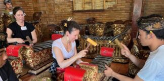 Clare Longendyke, one of the 2022-2023 Creative Renewal Arts Fellowship recipient, learning traditional Balinese music in Bali. (Photo provided/Indy Arts Council)
