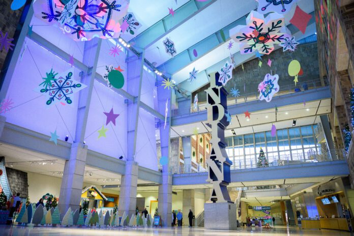 The Great Hall decorated for the holidays at Celebration Crossing at Indiana State Museum. (Photo provided/Indiana State Museum)