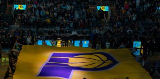 Indiana Pacers banner/flag before the NBA game against the Miami Heat.