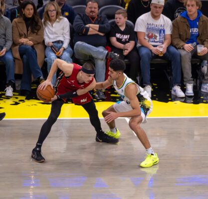 Miami Heat Tyler Herro and Indiana Pacers Ben Sheppard.