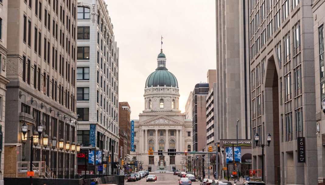 Indianapolis, IN - April 4, 2021: Indiana State Capitol building in Indianapolis, IN