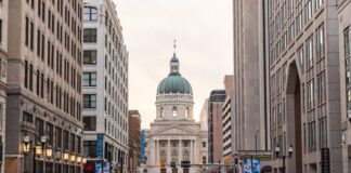 Indianapolis, IN - April 4, 2021: Indiana State Capitol building in Indianapolis, IN
