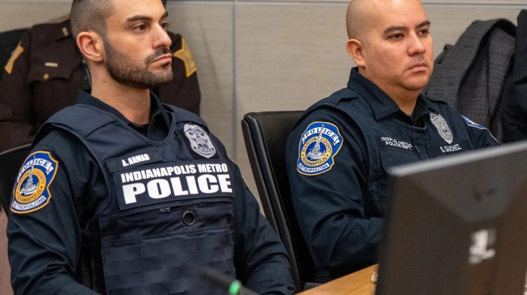IMPD officers, Adam Ahmad, left, and Steven Sanchez during the first day of their jury trial, which began on Monday, Dec. 2 at the Marion County Courthouse. (Photo provided/WTHR, Pool)