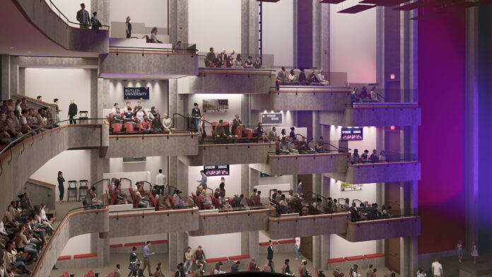 A rendering of the newly renovated seating on the balconies in Clowes Memorial Hall. (Image provided/Butler University)