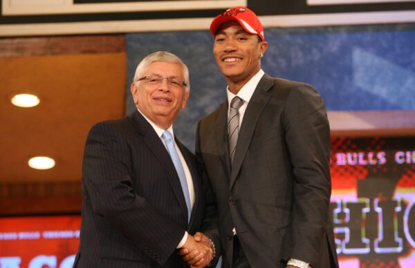David Stern and Derrick Rose of the Chicago Bulls in 2008.