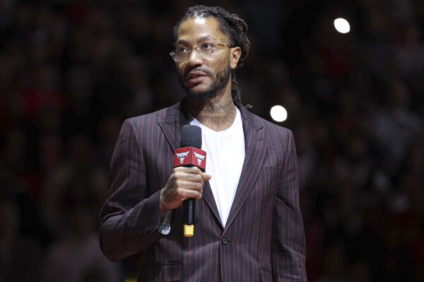 Derrick Rose during his Chicago Bulls' jersey retirement ceremony in 2025.